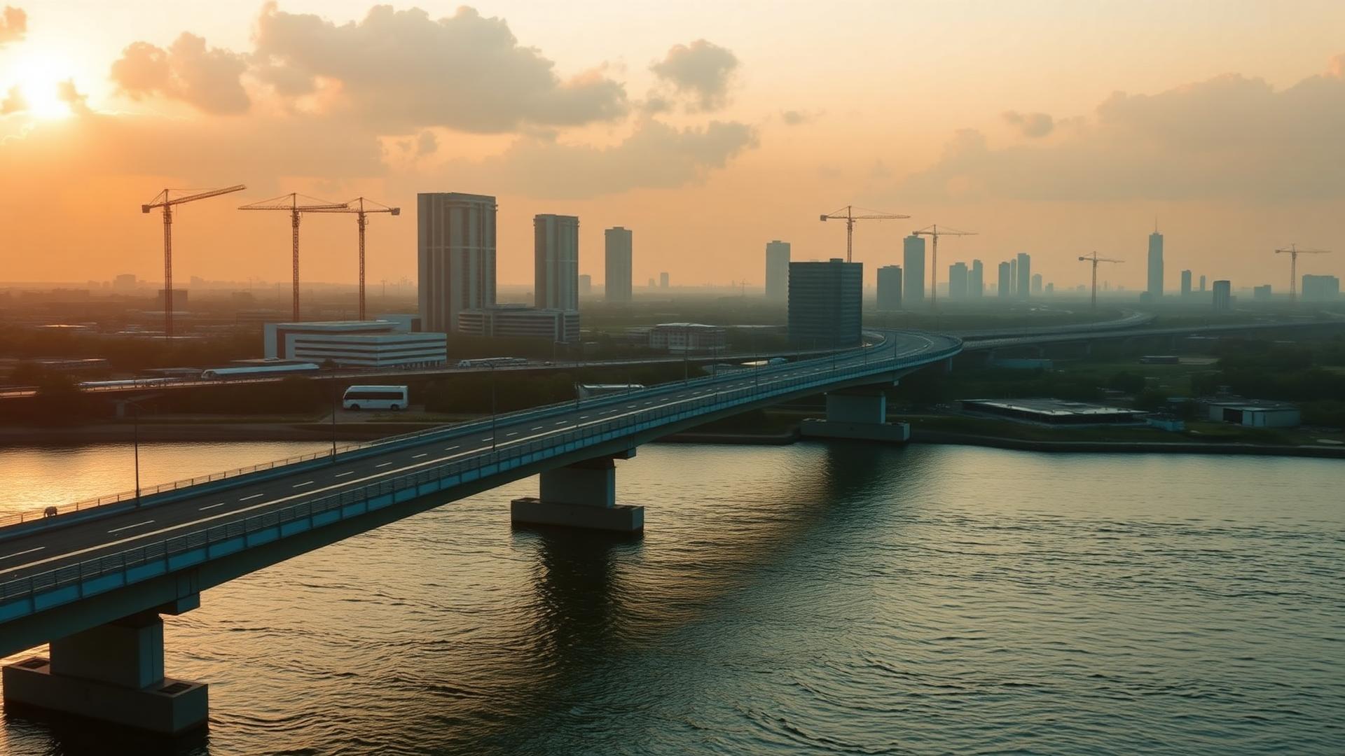 Modern African infrastructure — highway bridge at sunrise with city skyline