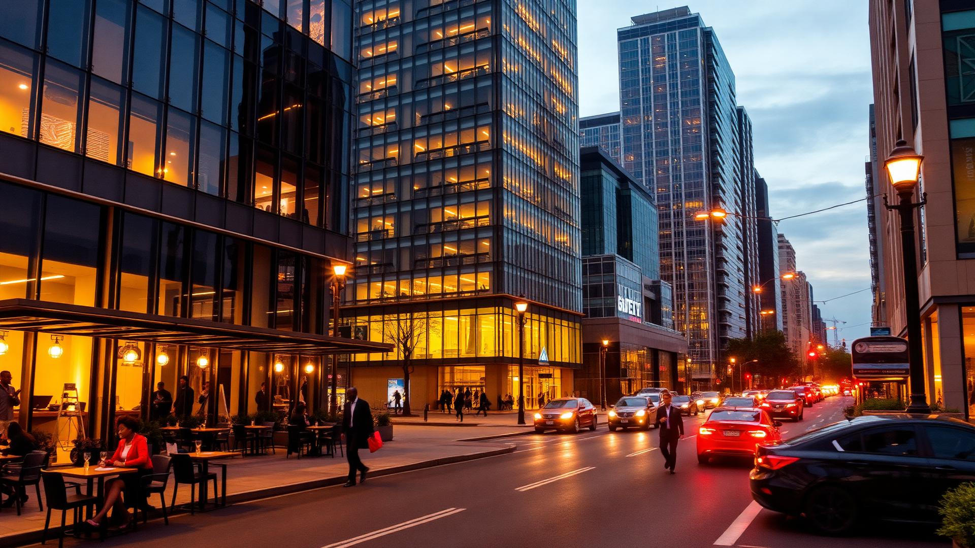 Modern African city street at dusk with contemporary architecture