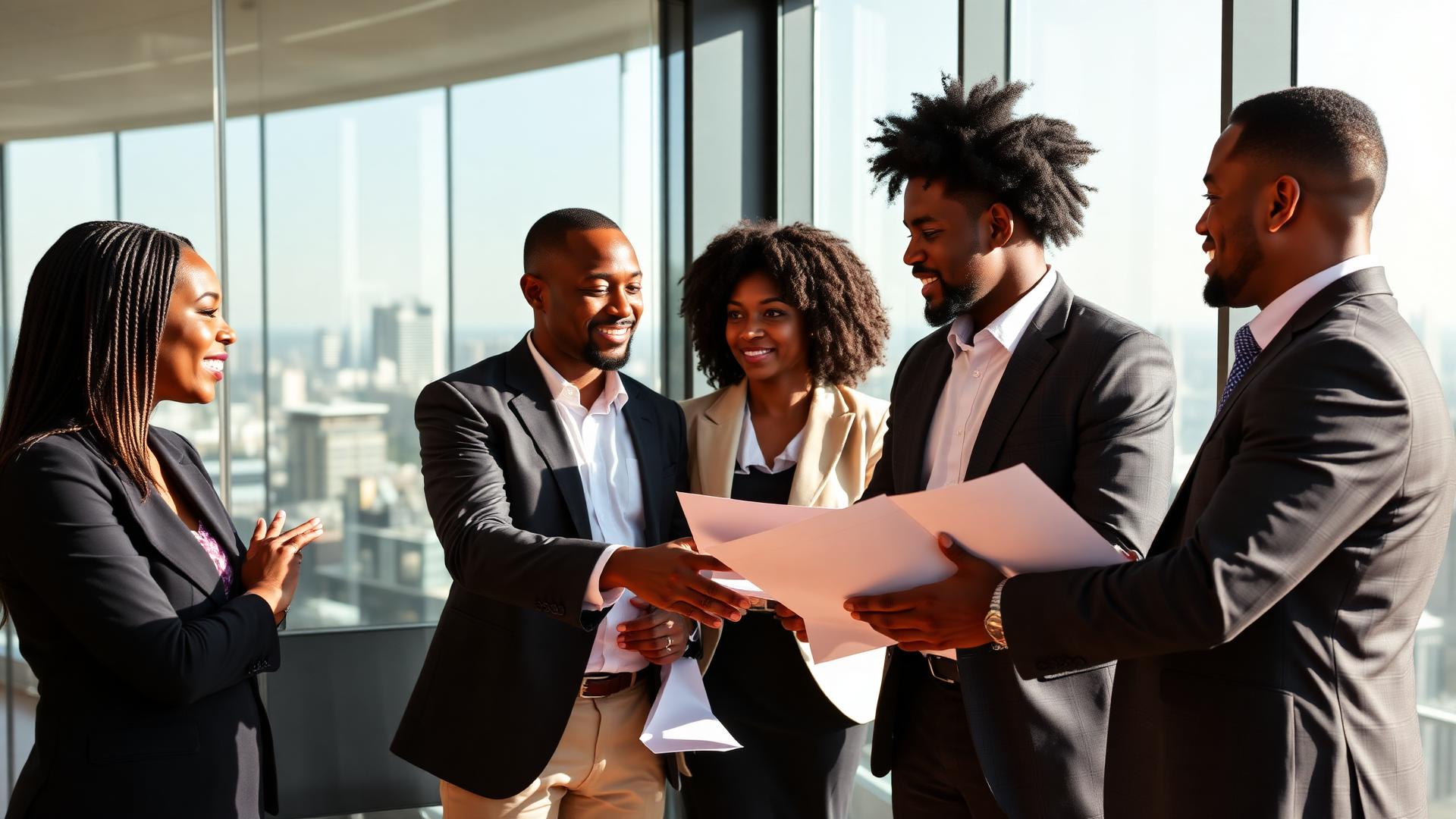 International executives meeting in a modern African office boardroom