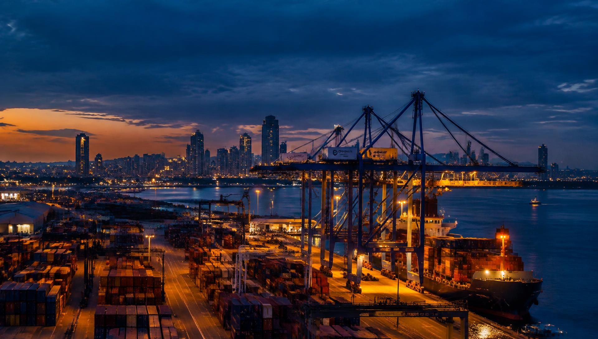 Container port and city skyline in East Africa at dusk